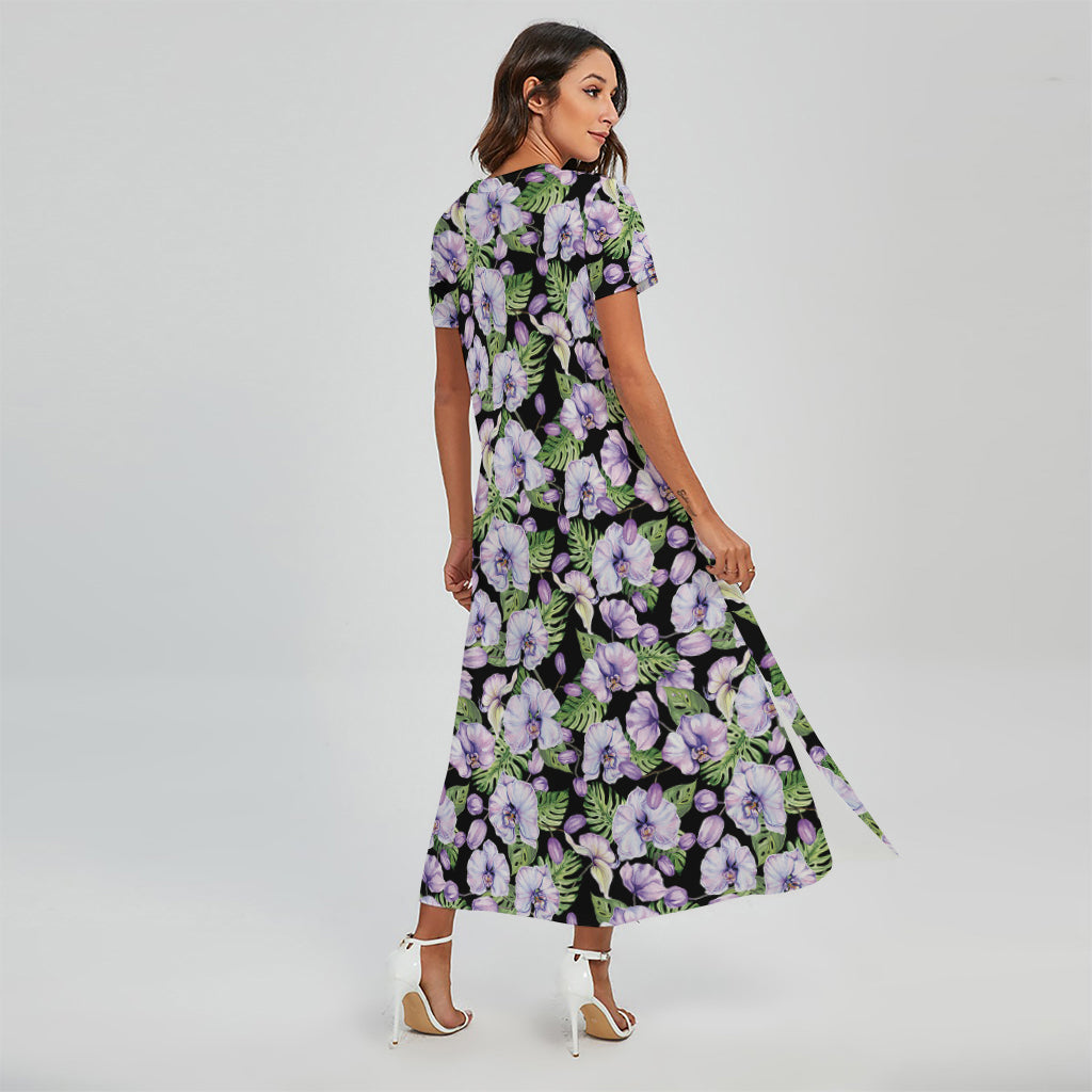 Watercolor Cattleya Pattern Print Short Sleeve Maxi Dress