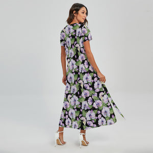 Watercolor Cattleya Pattern Print Short Sleeve Maxi Dress