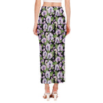 Watercolor Cattleya Pattern Print Side Slit Maxi Skirt