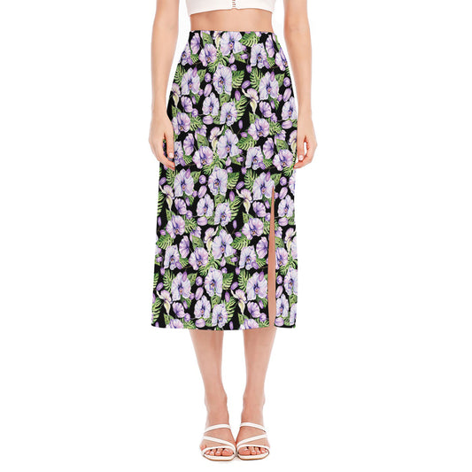 Watercolor Cattleya Pattern Print Side Slit Midi Skirt