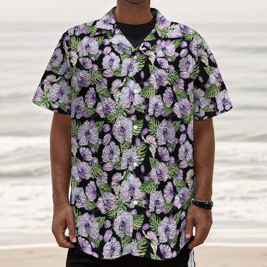 Watercolor Cattleya Pattern Print Textured Short Sleeve Shirt