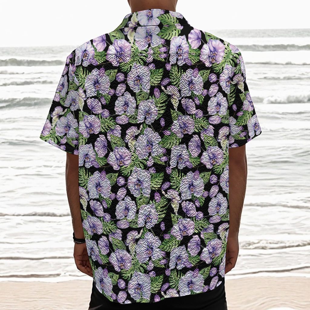 Watercolor Cattleya Pattern Print Textured Short Sleeve Shirt