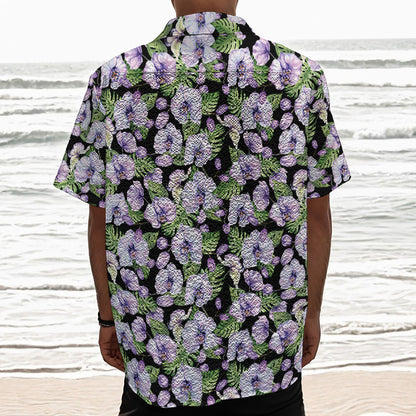 Watercolor Cattleya Pattern Print Textured Short Sleeve Shirt