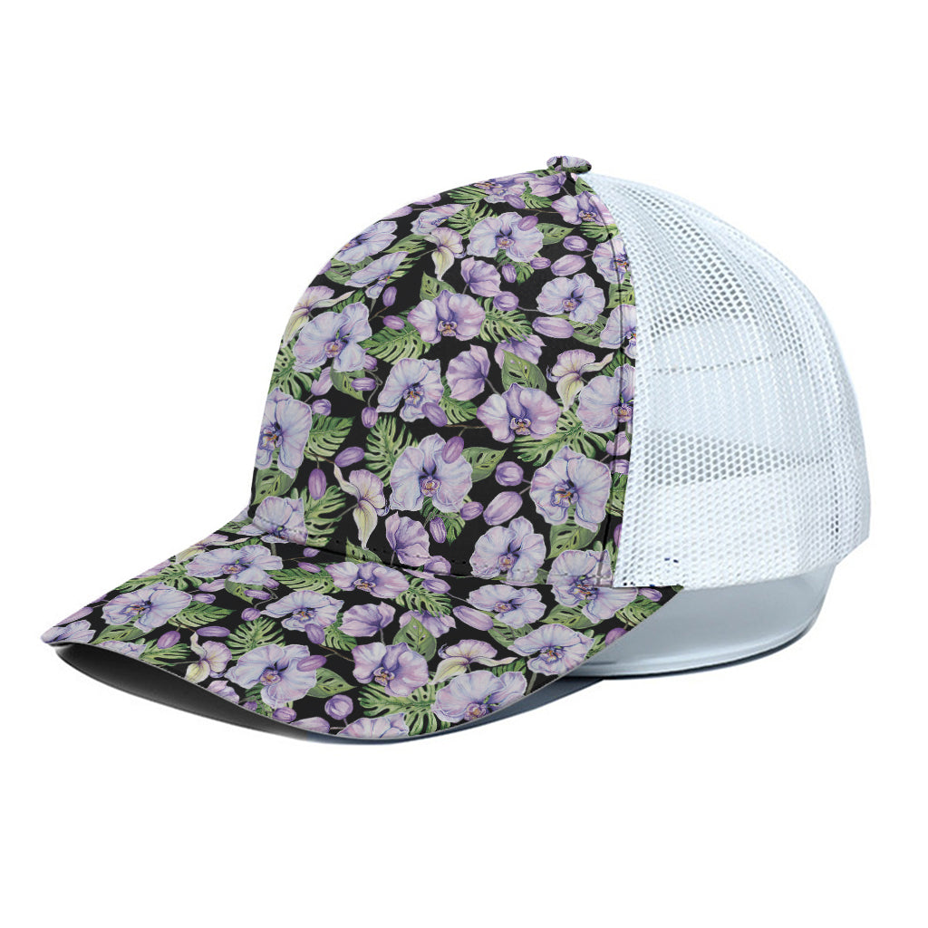 Watercolor Cattleya Pattern Print White Mesh Trucker Cap