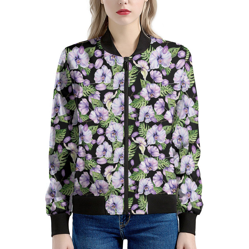 Watercolor Cattleya Pattern Print Women's Bomber Jacket