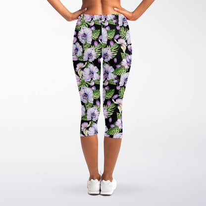 Watercolor Cattleya Pattern Print Women's Capri Leggings