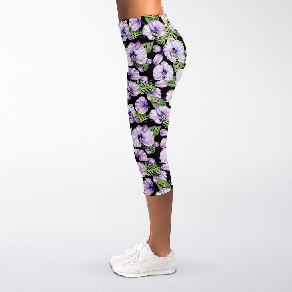 Watercolor Cattleya Pattern Print Women's Capri Leggings