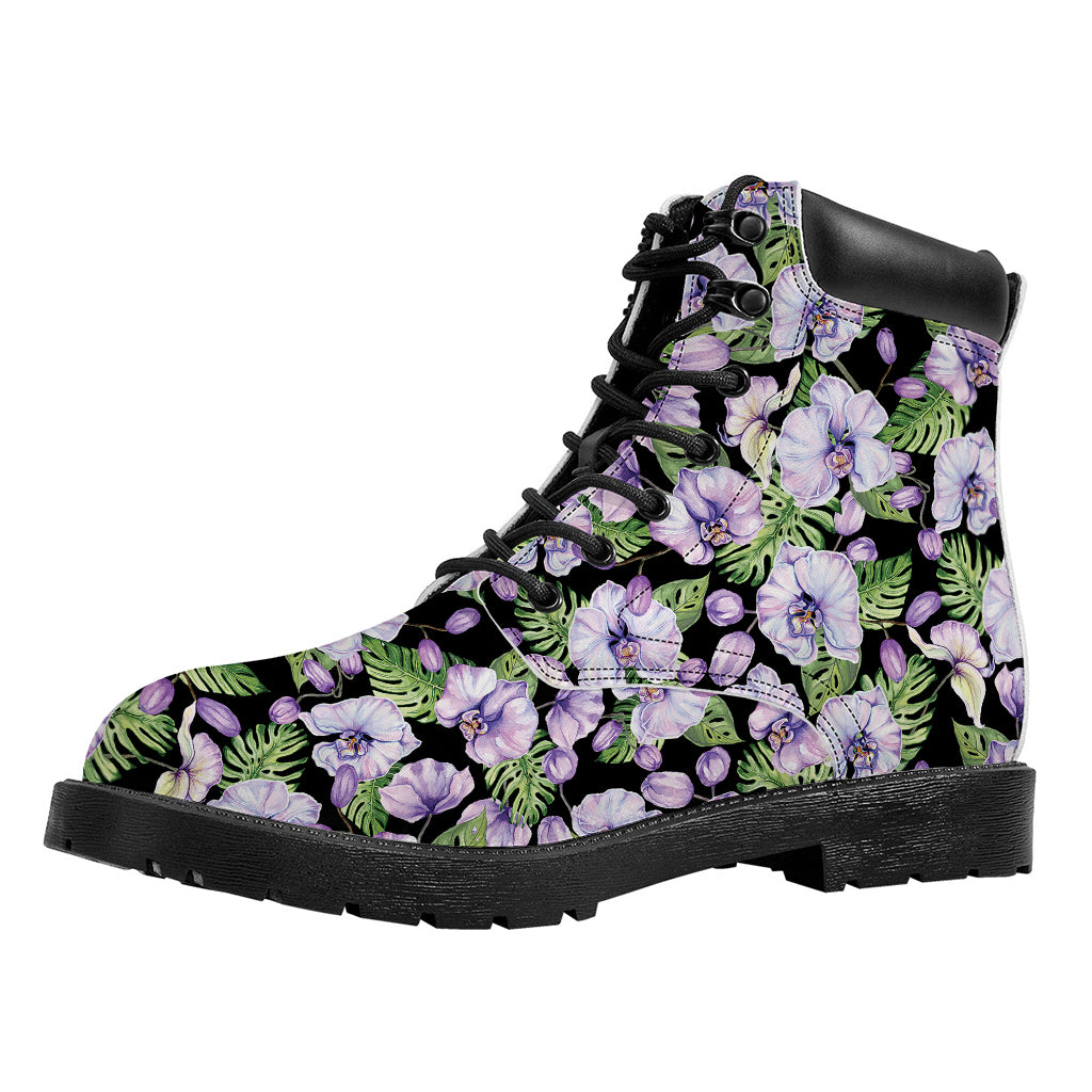 Watercolor Cattleya Pattern Print Work Boots