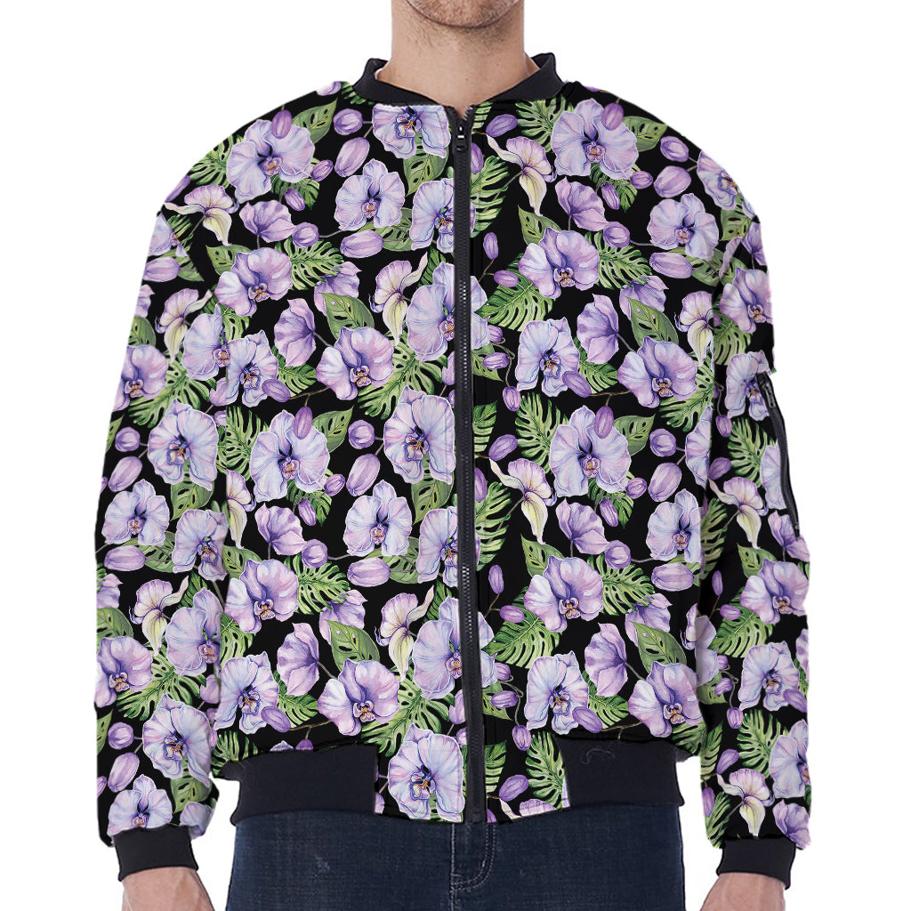 Watercolor Cattleya Pattern Print Zip Sleeve Bomber Jacket