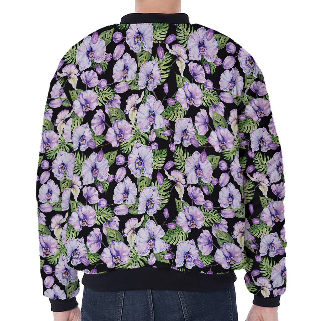 Watercolor Cattleya Pattern Print Zip Sleeve Bomber Jacket