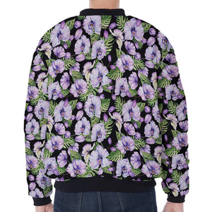 Watercolor Cattleya Pattern Print Zip Sleeve Bomber Jacket