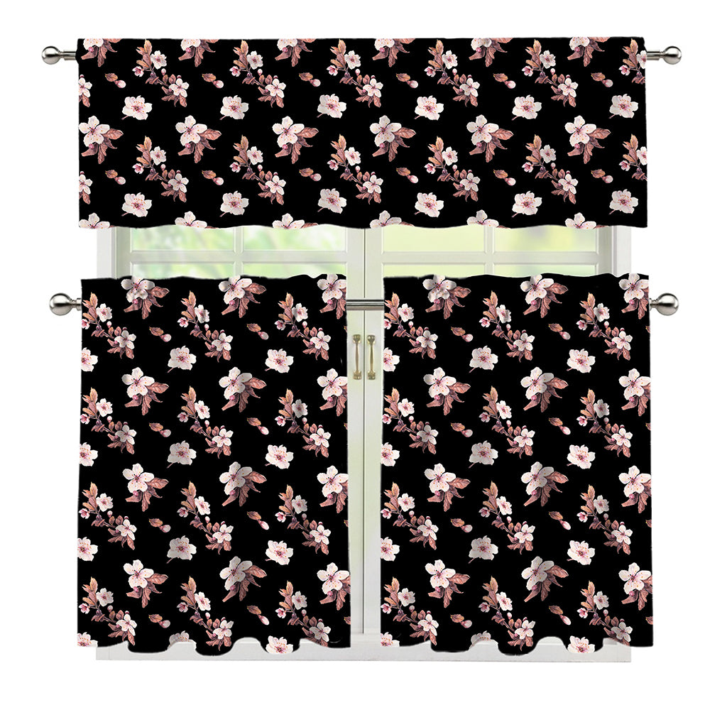 Watercolor Cherry Blossom Pattern Print 3 Piece Kitchen Curtains