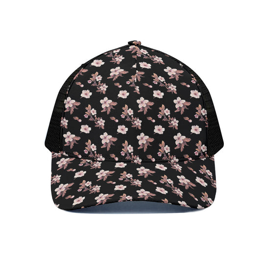 Watercolor Cherry Blossom Pattern Print Black Mesh Trucker Cap