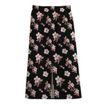 Watercolor Cherry Blossom Pattern Print Cotton Front Slit Maxi Skirt