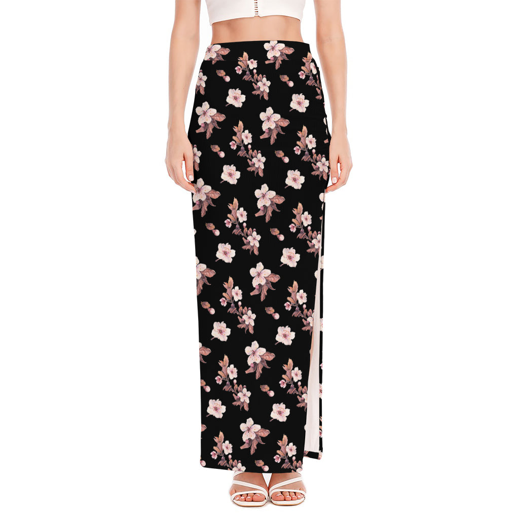 Watercolor Cherry Blossom Pattern Print High Slit Maxi Skirt