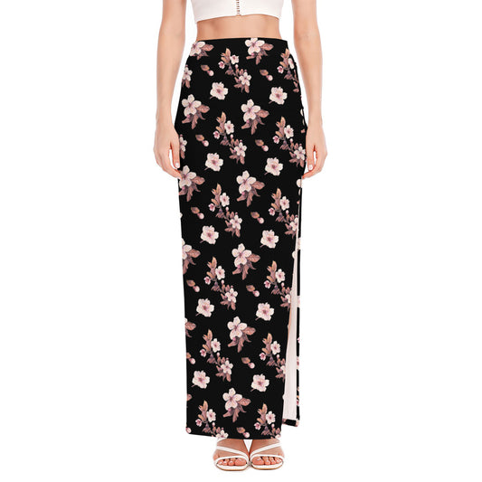 Watercolor Cherry Blossom Pattern Print High Slit Maxi Skirt