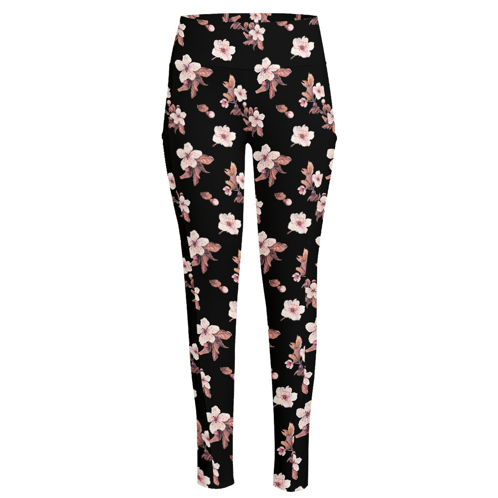 Watercolor Cherry Blossom Pattern Print High-Waisted Pocket Leggings