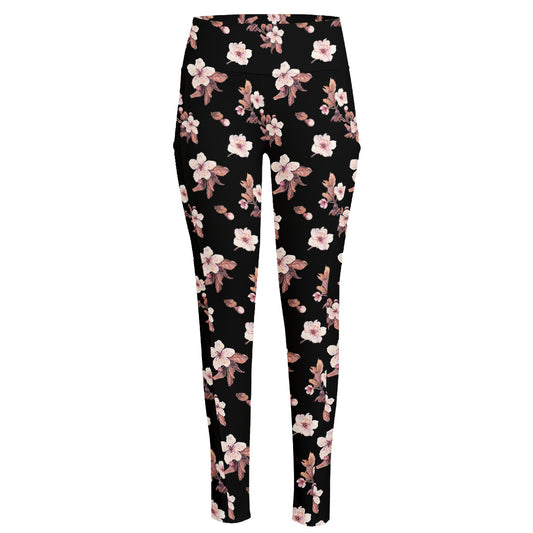 Watercolor Cherry Blossom Pattern Print High-Waisted Pocket Leggings