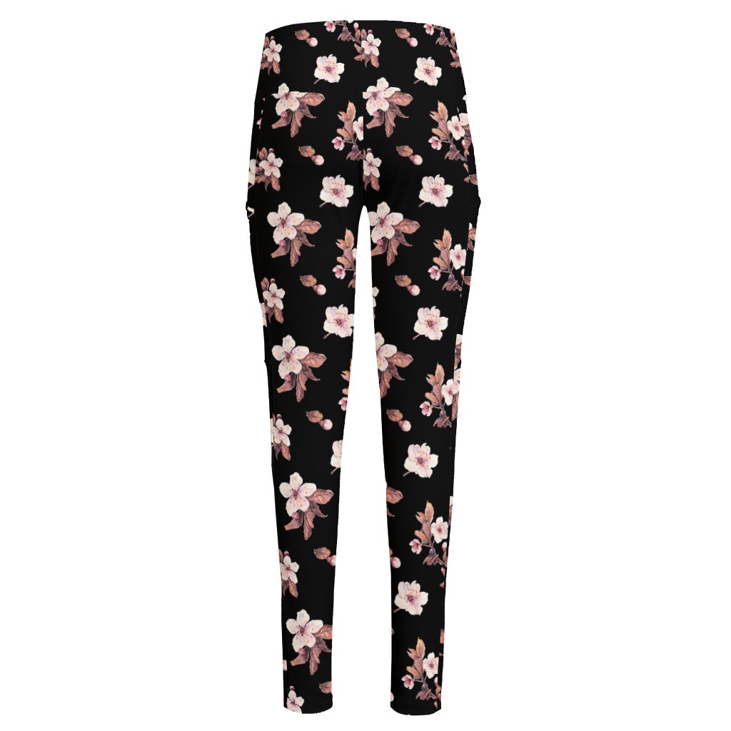Watercolor Cherry Blossom Pattern Print High-Waisted Pocket Leggings