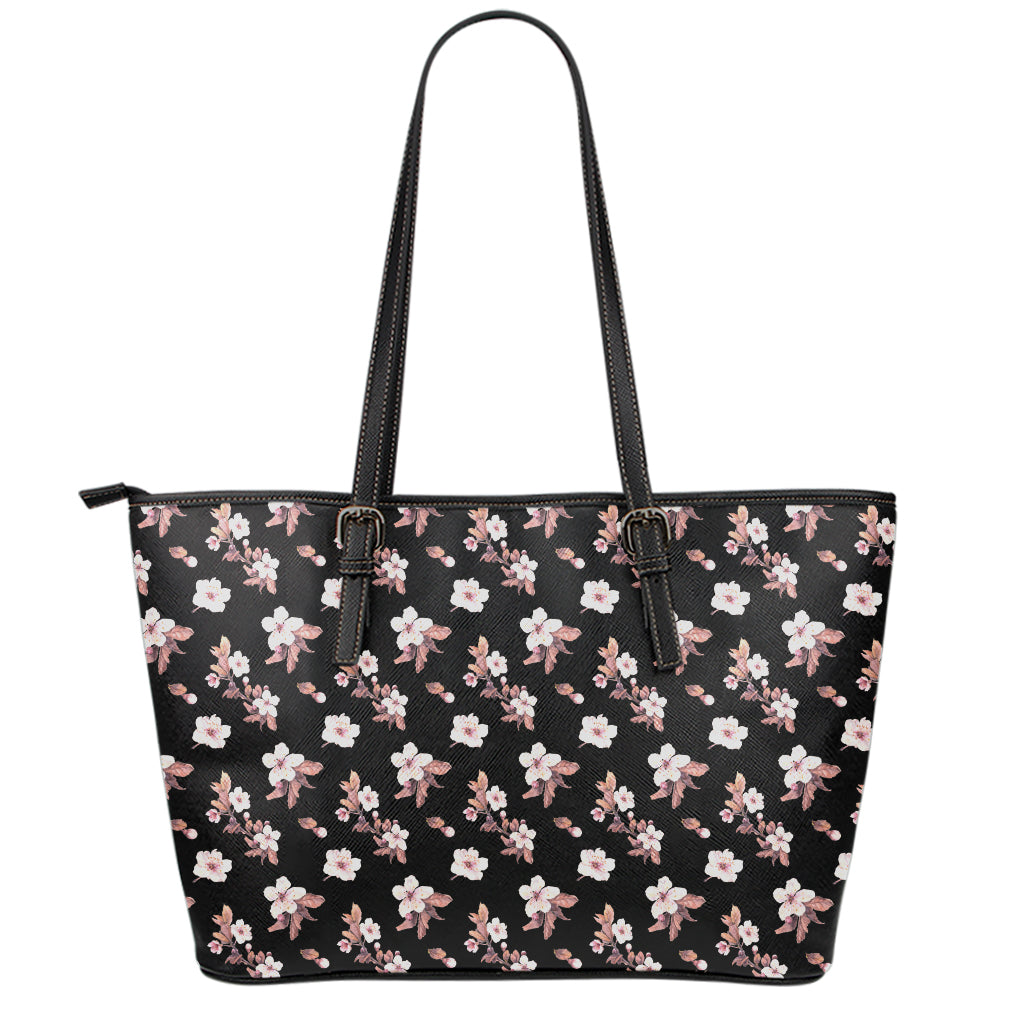 Watercolor Cherry Blossom Pattern Print Leather Tote Bag