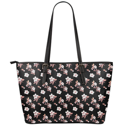 Watercolor Cherry Blossom Pattern Print Leather Tote Bag