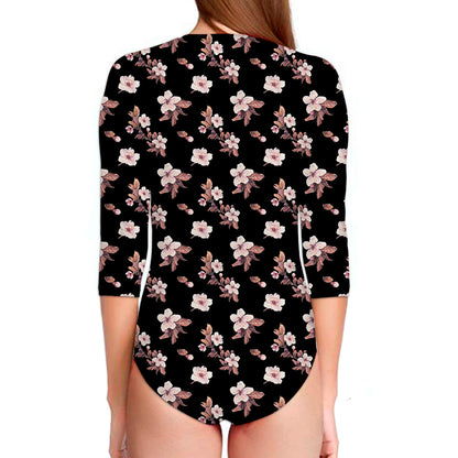 Watercolor Cherry Blossom Pattern Print Long Sleeve Swimsuit