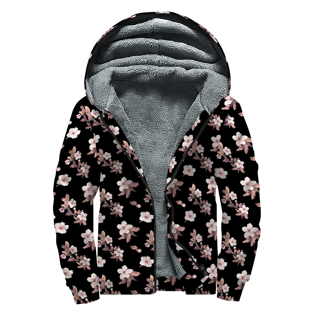 Watercolor Cherry Blossom Pattern Print Sherpa Lined Zip Up Hoodie