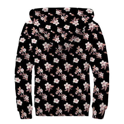 Watercolor Cherry Blossom Pattern Print Sherpa Lined Zip Up Hoodie