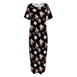 Watercolor Cherry Blossom Pattern Print Short Sleeve Long Nightdress