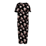 Watercolor Cherry Blossom Pattern Print Short Sleeve Long Nightdress