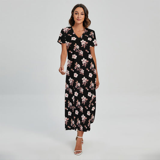 Watercolor Cherry Blossom Pattern Print Short Sleeve Maxi Dress
