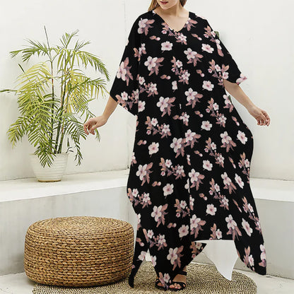 Watercolor Cherry Blossom Pattern Print Silk V-Neck Kaftan Dress