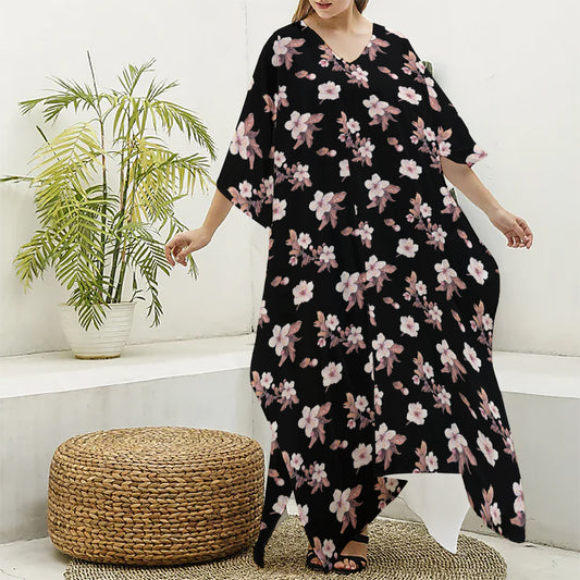 Watercolor Cherry Blossom Pattern Print Silk V-Neck Kaftan Dress