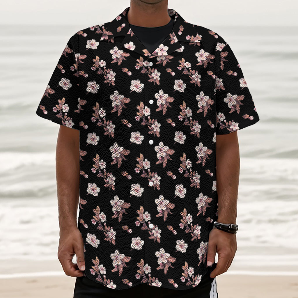 Watercolor Cherry Blossom Pattern Print Textured Short Sleeve Shirt