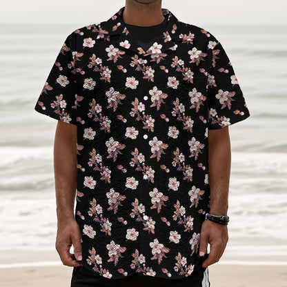 Watercolor Cherry Blossom Pattern Print Textured Short Sleeve Shirt