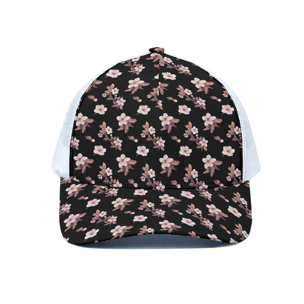 Watercolor Cherry Blossom Pattern Print White Mesh Trucker Cap