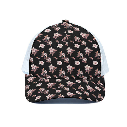 Watercolor Cherry Blossom Pattern Print White Mesh Trucker Cap