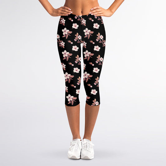 Watercolor Cherry Blossom Pattern Print Women's Capri Leggings