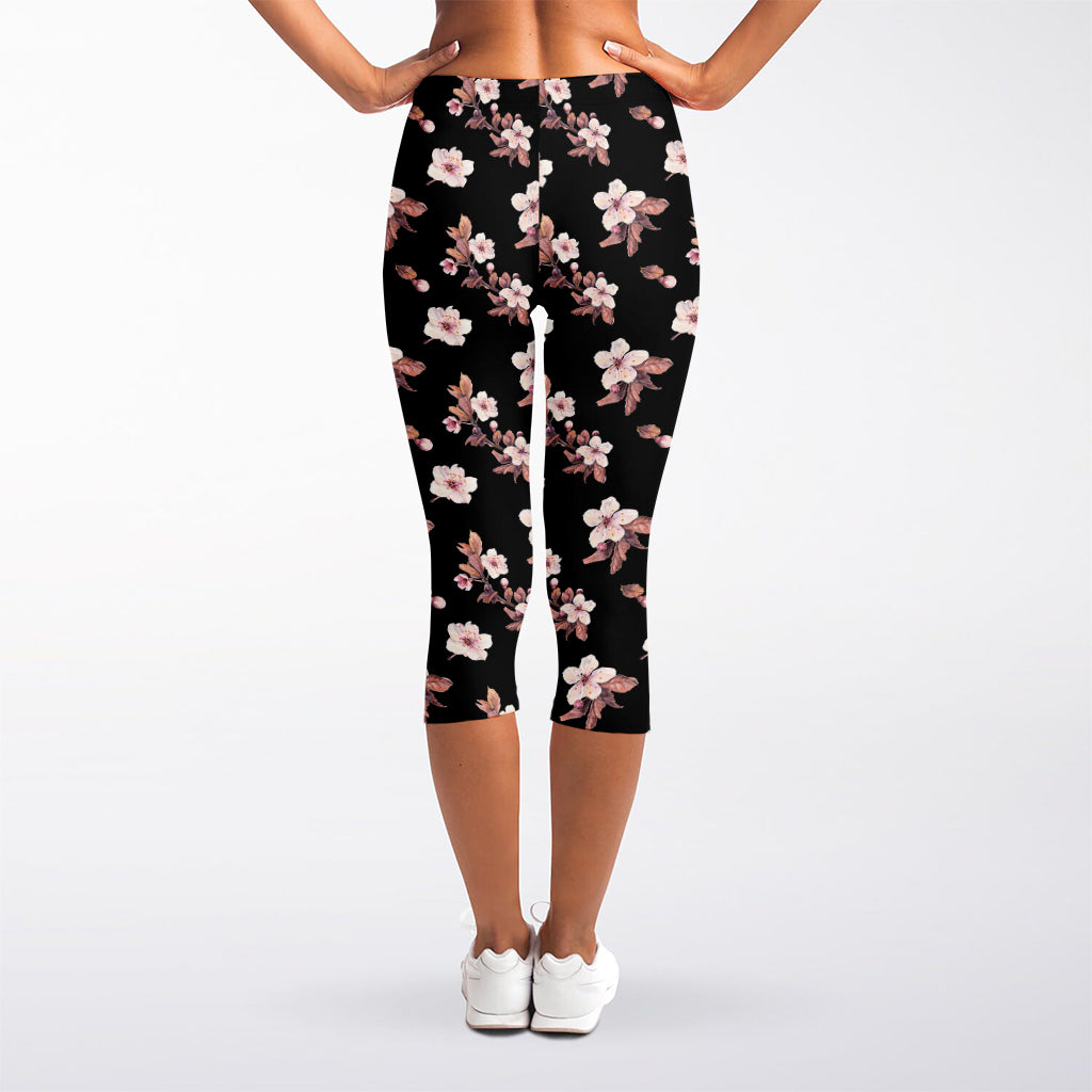 Watercolor Cherry Blossom Pattern Print Women's Capri Leggings