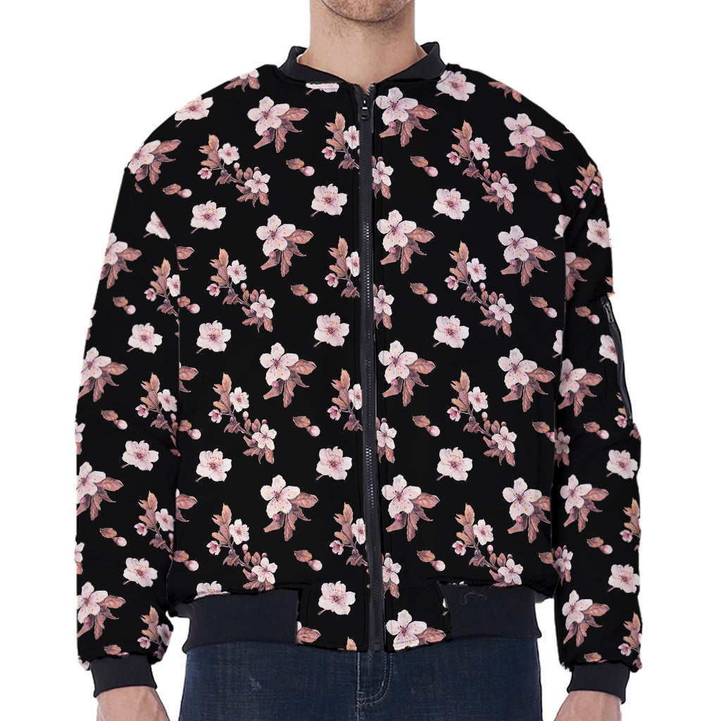 Watercolor Cherry Blossom Pattern Print Zip Sleeve Bomber Jacket