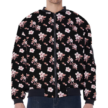 Watercolor Cherry Blossom Pattern Print Zip Sleeve Bomber Jacket