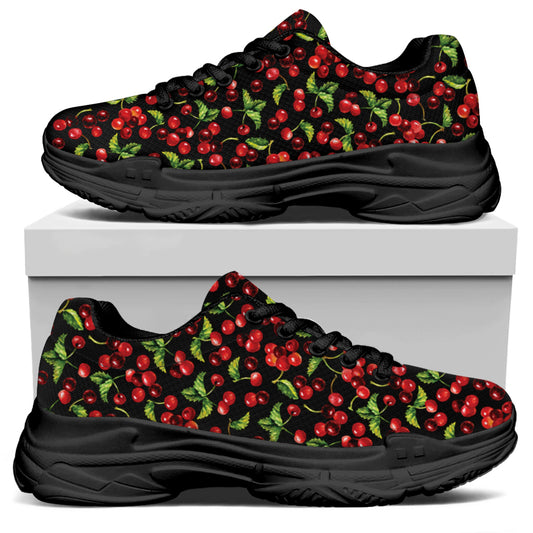 Watercolor Cherry Pattern Print Black Chunky Shoes