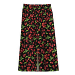 Watercolor Cherry Pattern Print Cotton Front Slit Maxi Skirt