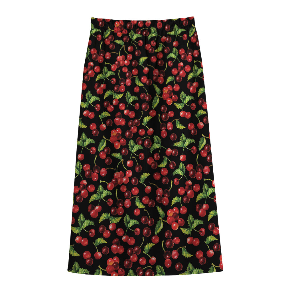 Watercolor Cherry Pattern Print Cotton Front Slit Maxi Skirt