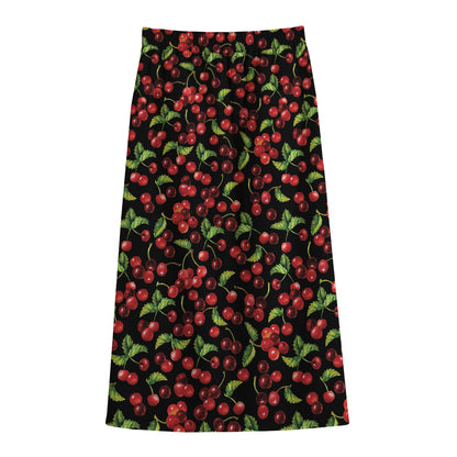 Watercolor Cherry Pattern Print Cotton Front Slit Maxi Skirt