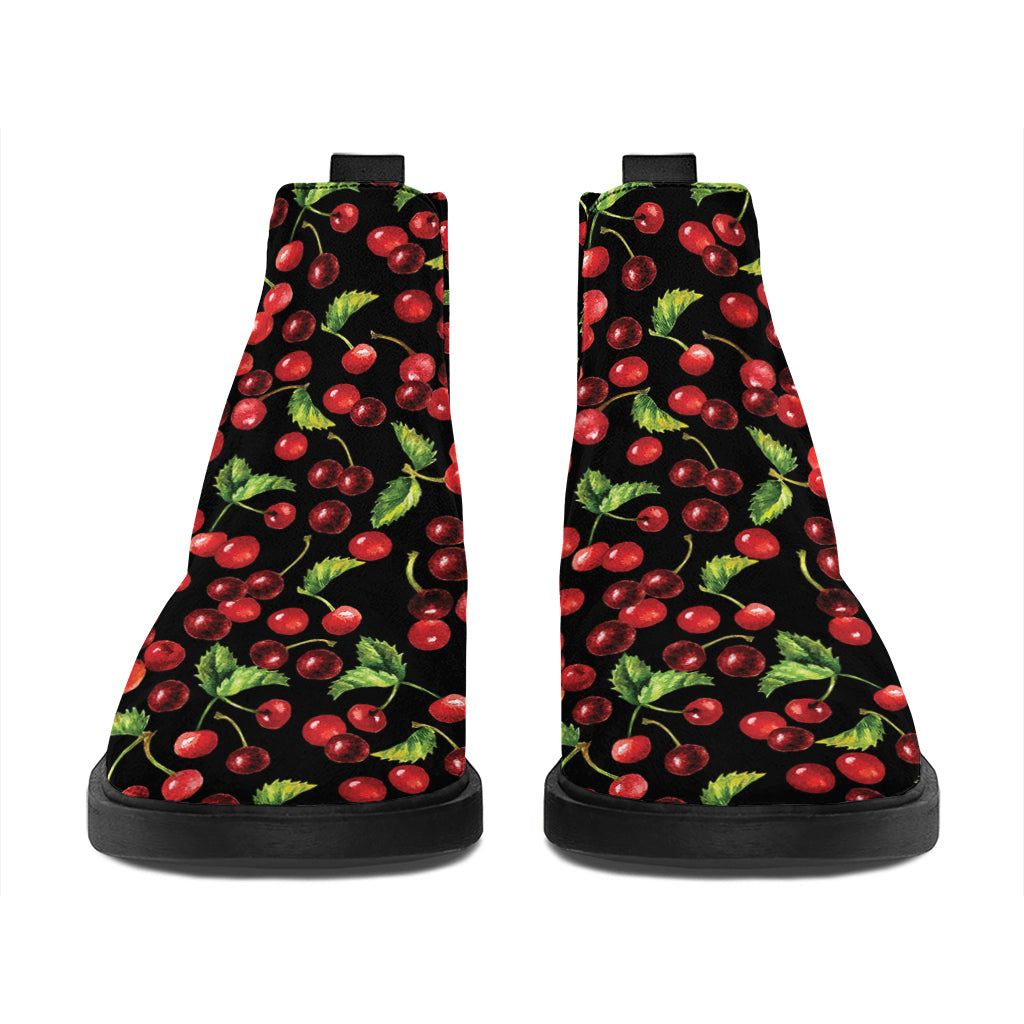 Watercolor Cherry Pattern Print Flat Ankle Boots