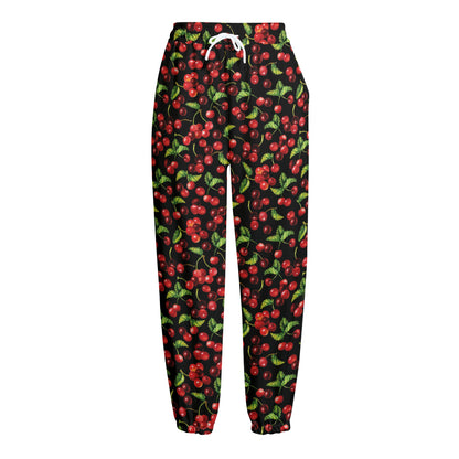 Watercolor Cherry Pattern Print Fleece Lined Knit Pants
