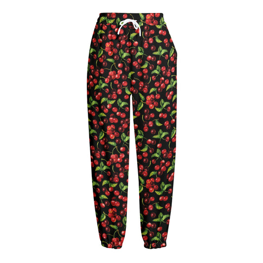Watercolor Cherry Pattern Print Fleece Lined Knit Pants