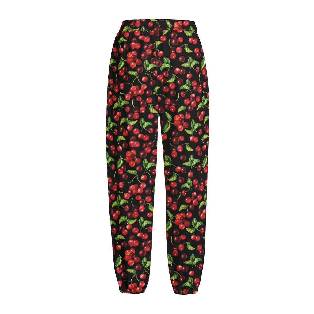 Watercolor Cherry Pattern Print Fleece Lined Knit Pants