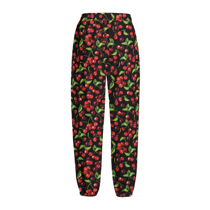 Watercolor Cherry Pattern Print Fleece Lined Knit Pants